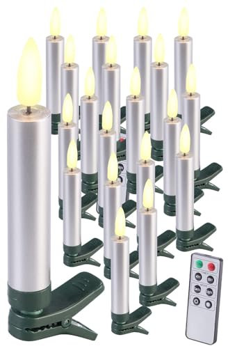 Lunartec Weihnachtsbaumbeleuchtung: 20er-Set LED-Weihnachtsbaumkerzen mit Dochten und Flammen-Effe, Silber (Weihnachtsbeleuchtung, LED Kerze, Weihnachtsbaum)