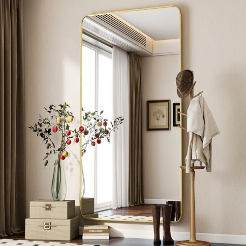 Koonmi Standspiegel mit abgerundeten Ecken, 76 x 171 cm Ganzkörperspiegel mit Ständer, großer Fußboden Standspiegel Ganzkörperspiegel Wand Hänger für Schlafzimmer, Wohnzimmer, Gold