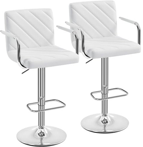 Yaheetech Juego de 2 Taburetes de Bar de Polipiel Sillas de Bar Giratorias de Altura Ajustable con Respaldo Reposapiés Reposabrazos para Bar Cocina Hogar Blanco