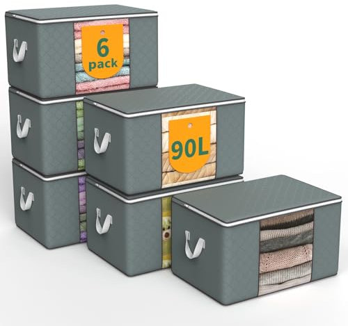 WALL QMER 6-Pack 90L Aufbewahrungsbeutel, Aufbewahrungsboxen mit Deckel, Schrank-Organizer mit Griffen, Faltbare Unter-Bett-Aufbewahrung für Kleidung, Decken, Kissen und Spielzeug, Grau