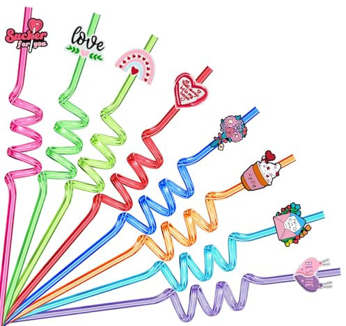 Valentinstag Party Strohhalme, Ynaice 8 Stück Wiederverwendbare Kunststoff Strohhalme Rosa Herz Blumen Liebe Brief Trinkhalme für Romantische Geburtstag Hochzeit Party Favors Dekorationen Liefert
