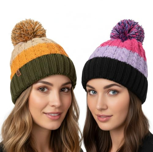A2Z Women Multi Stripe Bobble Beanie with Sherpa Lining Winter Fashion Look | Soft Stretch Faux Fur Pom Pom Headwear Offering Cosy Comfort For Cold Days