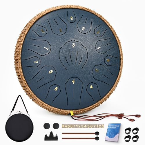 Steel Tongue Drum - 13 Inch 15 Note Tongue Drum, Handpan Musical Instrument for Adults Kids, Steel Drum with Music Book, Steel Drums Instruments with Mallet and Carry Bag, C Dur (Navy Blue)