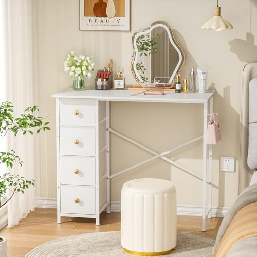 DAOUTIME Schminktisch ohne Spiegel, kleiner Make-up-Schminktisch mit 4 Stoffschubladen, weißer Schminktisch für kleine Räume, 80 cm Mädchen Schminktisch Schlafzimmer