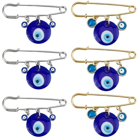 SUPERFINDINGS 6 épingle à Vêtements en Acier Inoxydable et Émail 4.2cm épingles à Vêtements Pendentifs Yeux Bleus 2 Couleurs Œil Bleu Doré Argenté pour Vêtement Écharpe Hommes ETS Femmes