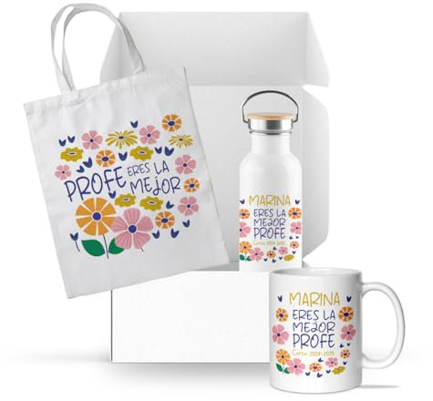 L´INFORAL - Taza + Botella 500ml + Bolsa Tote Personalizada con Nombres - Regalo Emotivo para Maestras (Amarillo)