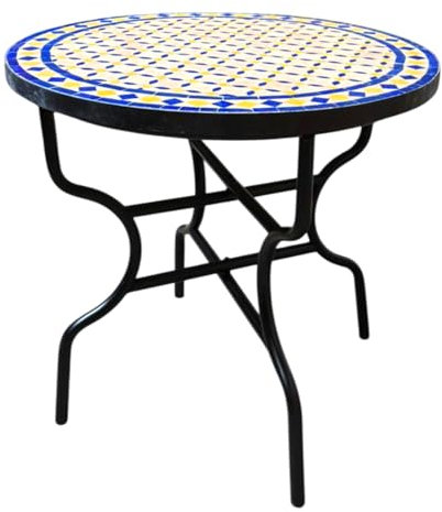 ORIGINAL Marokkanischer Mosaiktisch Gartentisch ø 80cm Groß rund klappbar | Runder klappbarer Mosaik Esstisch Mediterran | als Klapptisch für Balkon oder Garten | Marrakesch Natur Blau Gelb 80cm