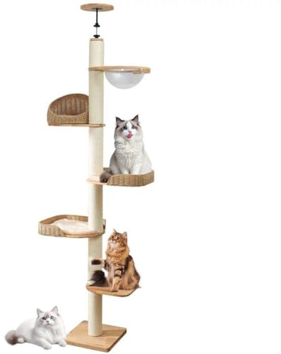 PJDDP Kratzbaum Deckenhoch, 236-246 cm, 5-Stöckiger Katzenbaum, Katzenkratzbaum Hoch, Stabiler Katzenbaum Mit Sisalsäulen Für Kratzen, Ausschau Halten Und Spielen