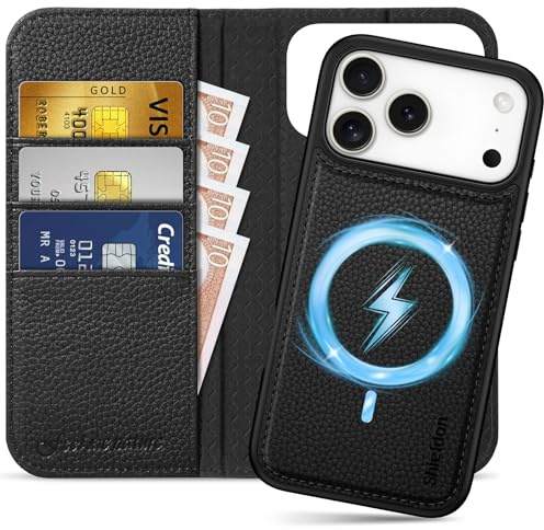 SHIELDON 2 IN 1 Case für iPhone 18 Pro Max/17 Pro Max 6,9, Litschi Schwarz | Echtleder, Abnehmbar, Kabelloses Laden, 3 Kartenfächer, RFID Blocker, Handy-Ösen, Ledertasche, Handyhülle