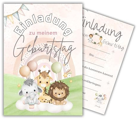 Mutzauber Einladungskarten Kindergeburtstag – 12er Set | Zauberhafte Einladung für Mädchen & Jungen | 350g Papier | Löwe Dschungel Tiere Giraffe Zoo Elefant Wolke Geburtagseinladung (Tierfreunde rosa)