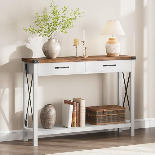 Hapihom Schmaler Konsolentisch, Flurtisch mit 2 Schubladen und Regalfach, 110x30x80cm moderner Couchtisch Holz mit Kippschutz, für Eingang Flur Wohnzimmer Schlafzimmer - White