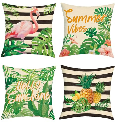Joymaison Kissenbezüge 45x45 4er Set Sommer Rosa Flamingo Tropische Blätter | Deko Kissenhülle Bunt Bauernhaus Ananas Vögel Zitronen Blumen Outdoor Dekorative Kissenbezug Kissen für Couch Sofa