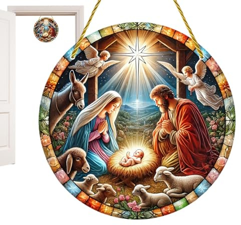 Jesus Krippen Szene Schild Maria Acryl Türschilder Krippenszene Weihnachtsdekoration Vordertür Schmuck Christliche Home Deko für Wohnzimmer Café,Weihnachtsbaum Kamin Wand Fenst