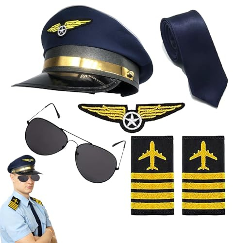 Pilot Kapitän Kostüm Zubehör, Flieger Kapitän Verkleidung Accessoires, Pilot Kostüm with Captain Hat, Epaulets, Glasses & Tie, Perfect for Carnival, Theme Parties & Costume Balls (Marineblau)