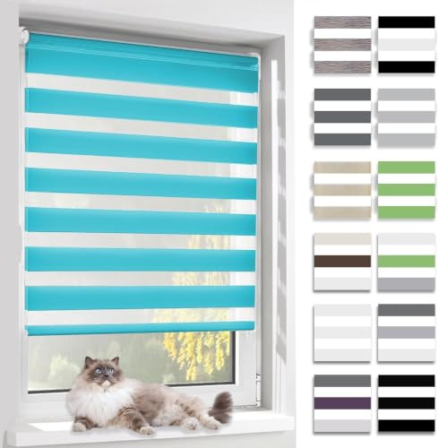 BelleMax Doppelrollo Klemmfix ohne Bohren & mit Bohren, Türkis B80 x H140 cm (Stoffbreite 80cm), Duo Rollo, Fensterrollo lichtdurchlässig & Blickdicht, Klemmrollo Sichtschutz & Sonnenschutz