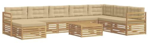 vidaXL Outdoor-Sofagarnitur mit Kissen 9 pcs Weiß und Beige Polyester, Gartenmöbel, modernes Outdoor-Sofa-Set, Akazienholz, modulares Sofa, ideal für Pool und Terrasse