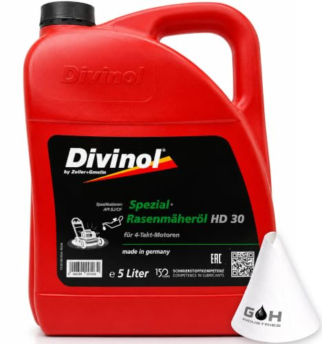 Divinol Rasenmäheröl HD 30 | 5 L | Motoröl für 4-Takt-Rasenmäher, Aufsitzmäher, Rasentraktoren, Gartenfräsen & Stromerzeuger | SAE 30 5 Liter | Made in Germany | mit Trichter