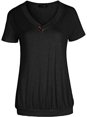 FLEASEE Damen T-Shirt Lässig Kurzarm Basic Tee V-Ausschnitt Shirts Stretch Falten Tunika mit Knöpfen Allover Minimal Druck Sommer Oberteile Tops, Schwarz, L