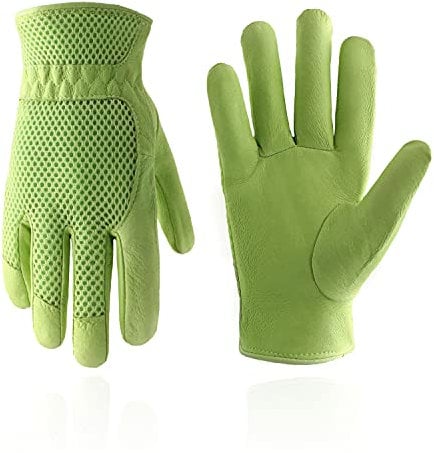 HANDLANDY Leather Gardening Gloves for Women, 3D Mesh Comfort Fit- Improves Dexterity and Breathability, Pigskin Scratch Resistance Garden Working Gloves for Vegetable or Pruning Roses (Small,Green)