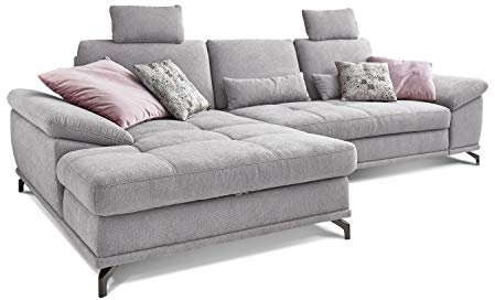 Cavadore L-Form-Sofa Castiel mit Federkern / Großes Schlafsofa mit Bettfunktion, Sitztiefenverstellung, Kopfstützen und XL-Longchair / 312 x 114 x 173 / Webstoff, Hellgrau