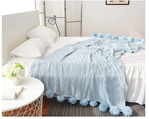 GUOCU Gestrickte Überwurf Decke mit Pompoms, Weich Zeitgemäß Fransen massiv Hypoallergen gestreift Kabel Gestrickte Überwurf Decke für Sofa/Betten/Couch Blau 150 * 200cm