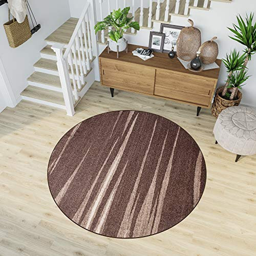TAPISO Sari Teppich Rund Dunkelbraun Beige Modern Streifen Meliert Design Wohnzimmer Schlafzimmer ÖKOTEX 130 x 130 cm