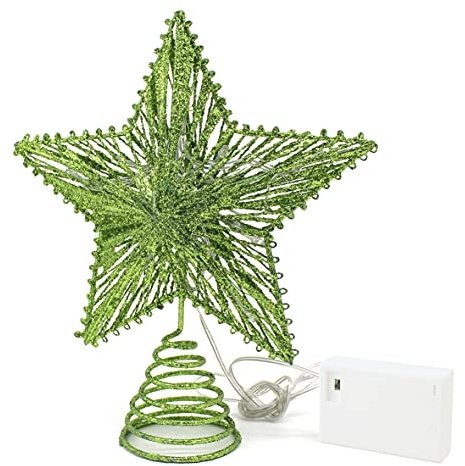 CVHOMEDECO. Puntale per albero di Natale con stella 3D verde glitterata con luci a LED bianche calde e timer, per decorazioni natalizie e festività, 20 x 25 cm