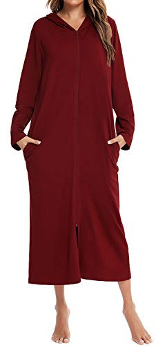 Lu's Chic Langer Damen-Bademantel mit Kapuze und Reißverschluss, volle Länge, solide Tasche, Hausmantel, Nachtwäsche, Rot/Ausflug, einfarbig (Getaway Solids), Medium