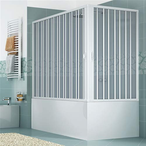Box sopravasca 70x150h modello Anja doppia anta a soffietto con apertura angolare pannelli semitrasparenti profili di colore bianco