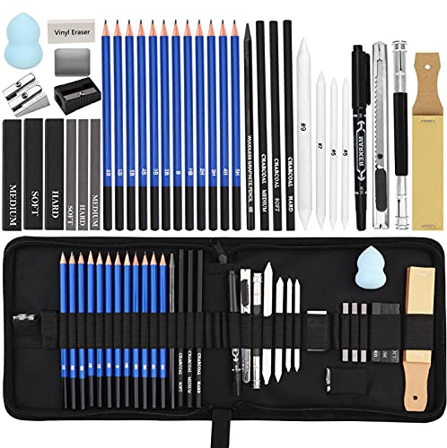 36Stück Skizzierstifte Set,Sketching Pencil Zeichenset Bleistifte Skizzieren Zeichenstifte Profi Art mit Graphit Kohlestifte Stick Werkzeuge und Kit Bag für Künstler Schüler Lehrer Erwachsene Anfänger
