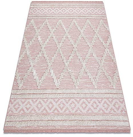 rugsx Teppich ÖKO SISAL Boho MOROC mit Fransen, Innen & Außen Hochwertiges für Schlafzimmer, Terrasse, Balkon - Zwei Ebenen aus Vlies rosa/Creme, recycelter Teppich 155x220 cm
