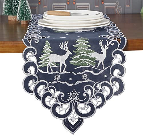 GRANDDECO Tischläufer mit Hirschmotiv, bestickt, Weihnachtsbäume und Schneeflocken, 33 x 137 cm