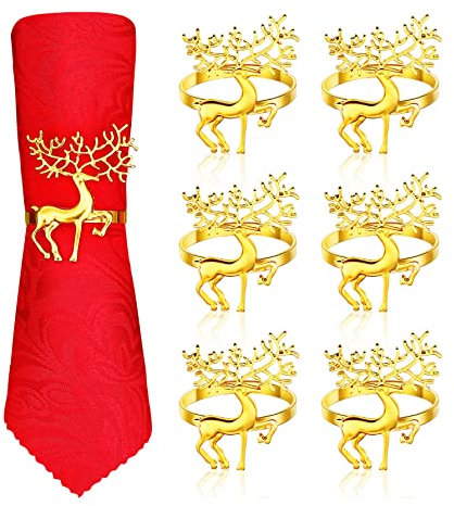 Anloo Weihnachts Serviettenringe Rentier Hirsch Elch Schneeflocke, Weihnachts Serviettenschnalle für Dinnerparty Thanksgiving Weihnachten Neujahr(Rentier Gold, 6 STÜCK)