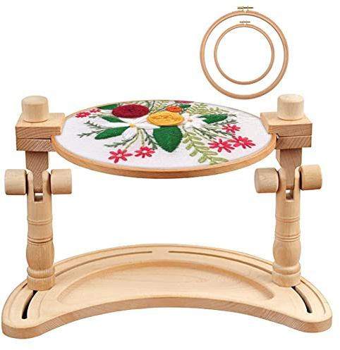 ZOCONE Multifunktionaler Stickrahmenständer aus Buchenholz mit 2 Stickrahmen, 15,2 cm, 20,3 cm, verstellbarer gedrehter Stickständer, Kreuzstichständer, Stickrahmenhalter für Stickprojekte (D)