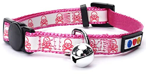 Pawtitas Halloween-Katzenhalsbänder für Katzen, verstellbares Halsband, mit Sicherheitsverschluss-Schnalle und abnehmbarer Glocke, passend zu Ihrem Halloween-Kostüm – rosa Totenkopf-Muster