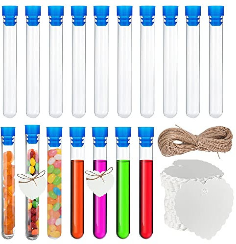 JPGhaha Reagenzgläser mit Korken 20ML 50 Stück Transparent Plastik Reagenzgläser 15 X 160MM Reagenzglas mit Kraftpapieranhänger und 10m Hanfseil für Blumen Süßigkeiten Badesalz Gewürze