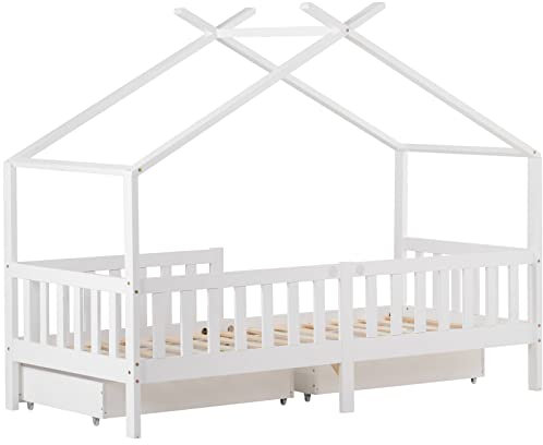 HUMNZR Kinder Einzelbett mit Schubladen,Design Kinderbett Babybett mit Absturzsicherung, weiß (200x90 cm)