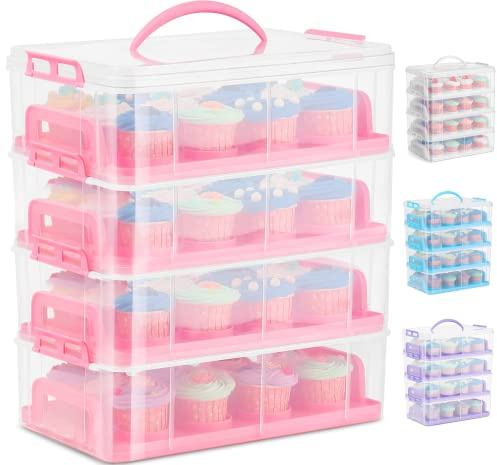 SG Traders Cupcake Carrier with Handle, 48 Stackable Cake Caddy, 4 Tier Bake Holder Snap & Stack Design, Plastic Carry Box for Baked Goods