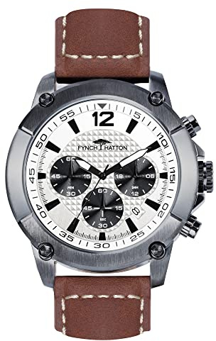 Fynch-Hatton Herren Armbanduhr Chronograph 45mm – Edelstahl in Silber & IP Schwarz mit Edelstahl- und Lederband