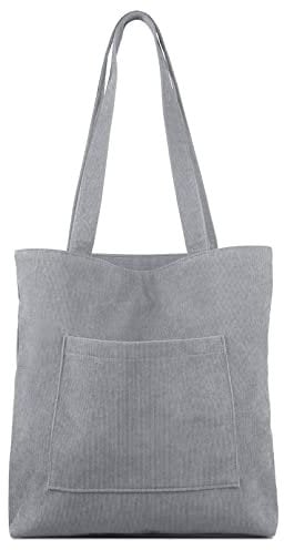 Kememo Cord Tasche Damen Umhängetasche mit Reißverschluss, Schultertaschen Handtasche Shopper Tasche für Arbeit Büro Reisen Einkaufen Schule und Alltag, Grau