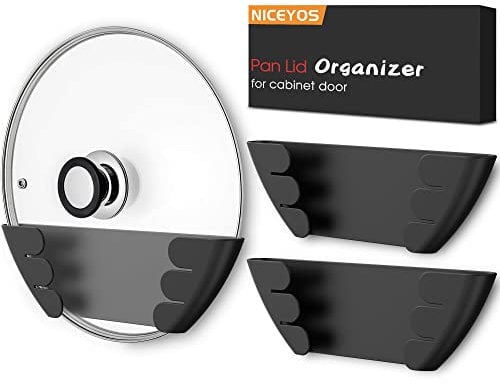 Universal Pot Lid Organizer for Cabinet - Upgraded Patented Niceyos 3 Pack Inside Cabinet Door Wall Mount Pan Top Storage Organizer Rack Holder for Kitchen, Fits 6 to 13 (Black)