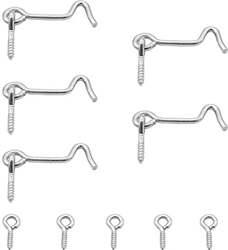 Waziaqoc Chiusura a gancio e occhiello da 5 pollici (5 pezzi), resistente in ferro da fienile, chiusura a vite per fissaggio a vite per porte scorrevoli, cancelli, cancelli, finestre, cabina – argento