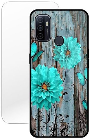 KARTXITAI Hülle Kompatibel mit Oppo A53/A53s/A32,Stoßfest Hybrid Schutzhülle [TPU Silikon Bumper+Glas Rückseite] mit Blaue Blumen Schmetterlinge Motiv Handyhülle Cover+Glas Displayschutz