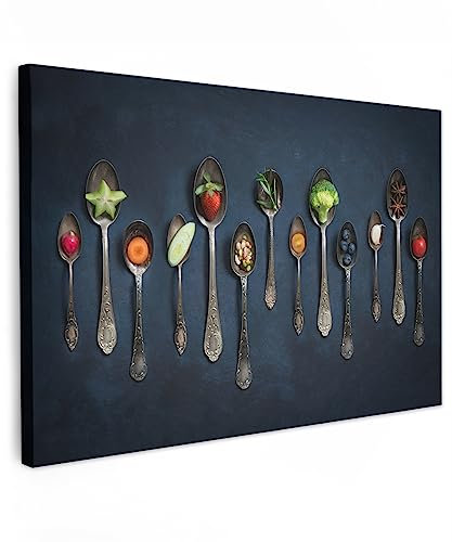 MuchoWow© Leinwand Bild 60x40 cm Wanddeko Aesthetic Room Decor Deko Zimmer Wandbilder Modern Bild auf Leinwand Küche - Gewürze - Löffel - Silber - Gewürz - Industrial