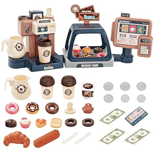 deAO Pretend Kitchen Play Store Coffee Playset Kids Coffee Maker Play Set Dessert Shopping with Coffee Machine Cash Registers Toy Great Pre-School Gift for Toddlers Boys & Girls Age 3 4 5 6 7 8 9