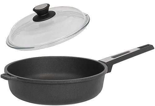SKK große 2-tlg. Schmorpfanne Ø 32 cm - Induktion - runde Aluguss Antihaft Bratpfanne mit hohem Rand & Vollglas Deckel - Made in Germany