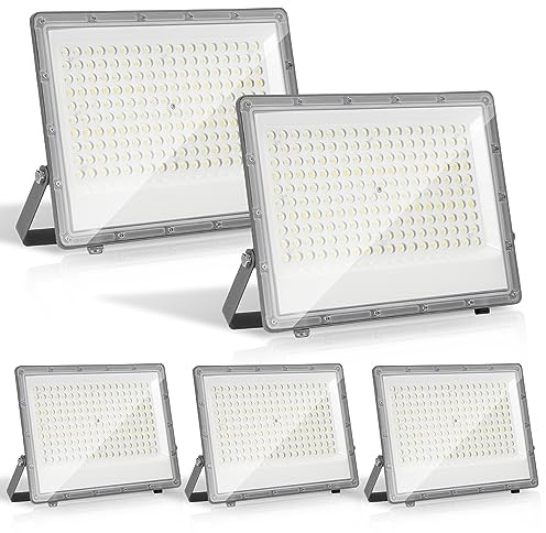 Herrselsam 150W LED Strahler Außen, 5 Stücke 6000K Kaltweiß LED Scheiwerfer Superhell 14850LM, Außenbeleuchtung IP65 Wasserfest Außenlampe für Hinterhof, Terrasse (Kein Stecker)