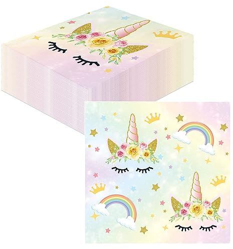 GROVBLE 40 Stück einhorn servietten, einhorn servietten kindergeburtstag,servietten mädchen,servietten happy birthday papierservietten partydekorationen für Babyparty Party Tischdeko 33x33cm