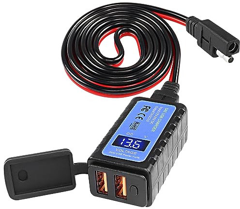 MEIRIYFA Motorcycle USB Phone Charger, SAE to Dual USB Phone Tablet GPS Charger Adapter 3A Fast Charger with Dual USB QC3.0, Voltmeter, ON/Off Switch Waterproof Motorcycle Accessories