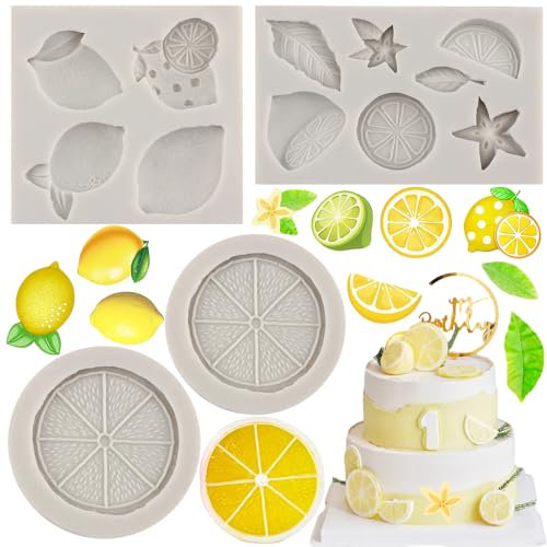 MYPRACS 4 Stück Zitronen Fondant Formen Sommerfrüchte Silikon Süßigkeiten Schokoladenform Zitronenscheiben Harzformen zum Dekorieren von Kuchen Cupcake Topper Schokolade Gummipaste Polymerton